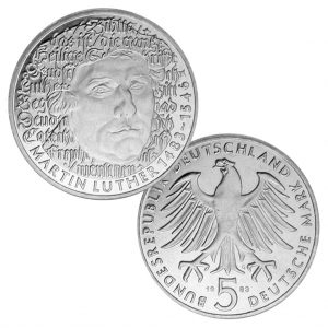 BRD 5 DM 1983 500. Geburtstag Martin Luther, Magnimat, 10g, Ø 29mm, Prägestätte G (Karlsruhe), Jaeger-Nr. 434