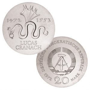 DDR, 20 Mark 1972 500. Geburtstag von Lucas Cranach d. Ä. , 625er Silber, 20.9g, Ø 33mm, Prägestätte A (Berlin), Auflage: 80.096, Jaeger-Nr. 1538