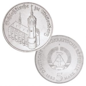 DDR 5 Mark 1983 Schlosskirche zu Wittenberg, Neusilber (CuZnNi), 9,6g, Ø 29mm, Prägestätte A (Berlin), Auflage: 196.500 (Exportqualität: 68.300, PP: 5.500), Jaeger-Nr. 1588