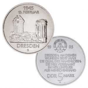 Silbermünze 5 Mark Deutschland 1985, 40. Jahrestag Zerstörung Dresden