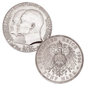 Großherzogtum Hessen 5 Mark 1904 400. Geburtstag Philipp des Großmütigen, 900er Silber, 27,778g, Ø 38mm, J. 75
