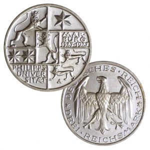 Weimarer Republik, 3 Reichsmark 1927 „400 Jahre Philipps-Universität Marburg“, 500er Silber, 15g, Ø 30mm, Prägestätte A (Berlin), Jaeger-Nr. 330, Auflage: 130.000