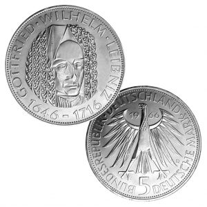 BRD 5 DM 1966 250. Todestag Leibniz, 625er Silber, 11,2g, Ø 29mm, Prägestätte D (München), Jaeger-Nr. 394, Auflage: 1.925.000 (PP: 75.000)