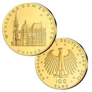 BRD 100 Euro 2012 UNESCO Weltkulturerbe – Aachener Dom, 999,9er Gold, 15,55g, Ø 28mm, Prägestätte ADFGJ, st Auflage: 54.000 je Prägestätte, Jaeger-Nr. 574