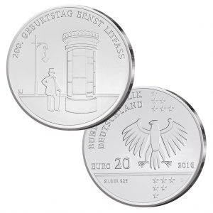 BRD 20 Euro 2016 200. Geburtstag Ernst Theodor Amandus Litfaß, 925er Silber 18g, Ø 32,5mm, Prägequalitäten: st (Stempelglanz) & PP (Polierte Platte bzw. Spiegelglanz