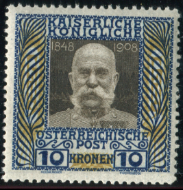Österreich Mi.Nr. 156 (Höchstwert der Jubiläumsserie von 1908, der Entwurf stammt aus der Feder des berühmten Künstlers Koloman Moser)