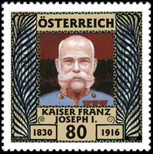 Österreich Mi.Nr. 3282 (2016 zum 100. Todestag von Kaiser Franz Joseph I. erschienen – bildlich orientiert sich die Marke an der 1908 erschienen Mi.Nr. 156)