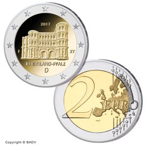 Deutschland 2 Euro-Gedenkmünze 2017 – Bundesländer-Serie: Rheinland Pfalz: Porta Nigra. Copyright der Entwurfsabbildung BADV