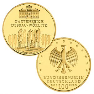 BRD 100 Euro 2013 UNESCO Weltkulturerbe – Gartenreich Dessau-Wörlitz, 999,9er Gold, 15,55g, Ø 28mm, Prägestätte ADFGJ, st Auflage: 44.000 je Prägestätte, Jaeger-Nr. 582