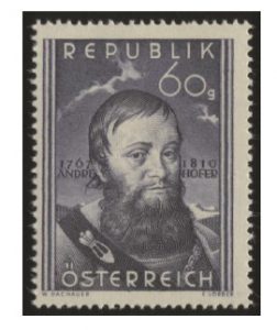 Andreas Hofer - Mi.Nr. 949 (erschienen am 20. Februar 1950). „Dem Revolutionär ein würdiges philatelistisches Denkmal gesetzt“ Zum 140. Todestag von Andreas Hofer (1767-1810) ist es auch wieder Dachauer, dessen Entwurf genommen wird. Vorlage war das Portrait von Franz Altmutter (1745-1817).