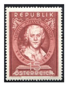 Rund vier Monate nach Dachauers Tod… geht es weiter, denn Dachauer hat einige Entwürfe vorgearbeitet. So auch die Ausgabe zum 150. Todestag von Martin Johann Schmidt (1718-1801), dem berühmten Barockmaler. Mi.Nr. 965 (erschienen am 28. Juni 1951).