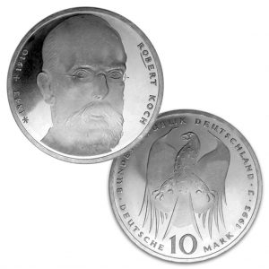 BRD 10 DM 1993 150. Geburtstag Robert Koch, 625er Silber, 15,5g, Ø 32,5mm, Prägestätte F (Stuttgart), Jaeger-Nr. 456, Auflage: 7.000.000 (PP: 450.000)