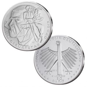 BRD 20 Euro 2016 125. Geburtstag Otto Dix, 925er Silber 18g, Ø 32,5mm