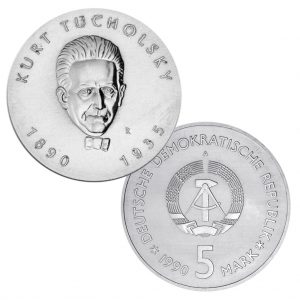 DDR 5 Mark 1990 100. Geburtstag Kurt Tucholsky, Neusilber (CuZnNi), 12,2g, Ø 29mm, Prägestätte A (Berlin), Auflage: 50.171 (PP: 4.000), Jaeger-Nr. 1633