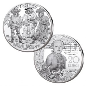 Österreich 20 Euro 2015 „Mozart – das Wunderkind“, 900er Silber, 20g, Ø 34mm, im Etui, PP, Auflage: 50.000