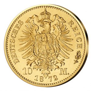 Wertseite der Münze Deutsches Reich – Königreich Preußen 10 M 1872 Wilhelm I., 900er Gold, 3,982 Gramm, Ø 19,5mm, Jaeger-Nr. 242, prägefrisch (aus dem Juliusturm)