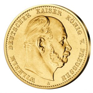 Portraitseite der Goldmünze Deutsches Reich – Königreich Preußen 10 M 1872 Wilhelm I., 900er Gold, 3,982 Gramm, Ø 19,5mm, Jaeger-Nr. 242 prägefrisch (aus dem Juliusturm)