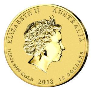 Queen Seite der Goldmünze 15 Dollars 2018 Australien Jahr des Hundes