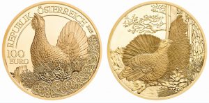 Beste Goldmünze (COTY 2017): Österreich 100 Euro-Goldmünze 2015 „Unseren Wildtieren auf der Spur: Der Auerhahn“, 986er Gold, 16g, Ø 30mm, im Etui mit Zertifikat, PP, Auflage: 30.000