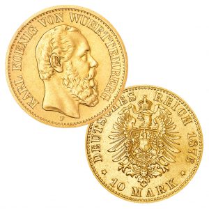 Württemberg 10 Mark 1874-1888 König Karl (*06.03.1823, †06.10.1891), 900er Gold, 3,982g, Ø 19,5mm, Jaeger-Nr. 292