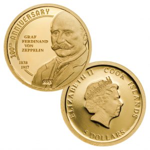 Cook Islands 5 Dollars 2017 „100. Todestag Graf Ferdinand von Zeppelin“, 999,9er Gold, 0,5g, Ø 11mm, Polierte Platte, Auflage: 15.000