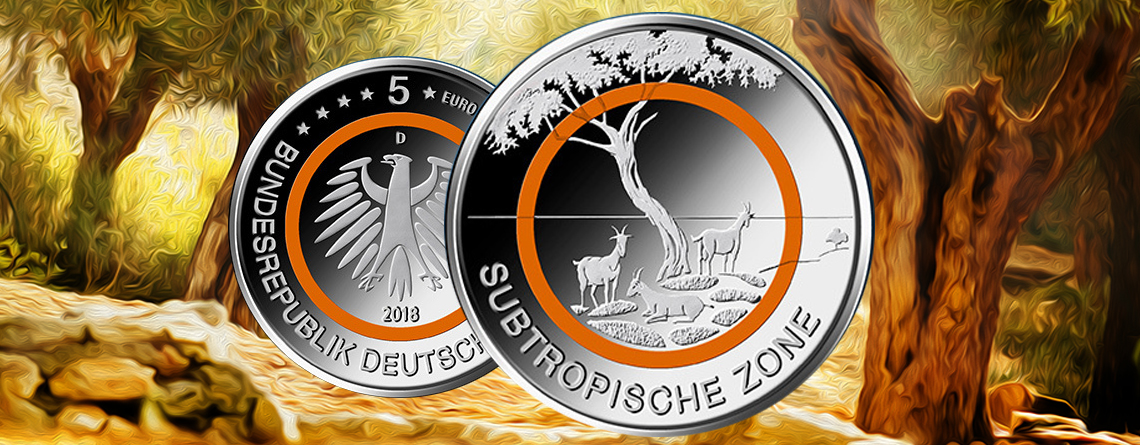 Motiv veröffentlicht: BRD 5 Euro Münze 2018 – Orangefarbener Polymerring – Subtropische Zone – Serie „Klimazonen“