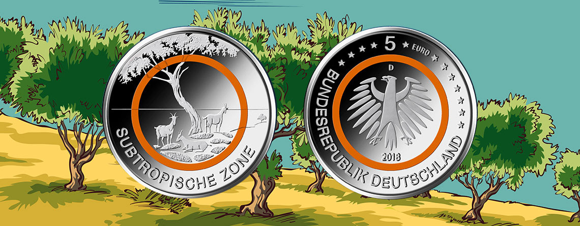 Jetzt ausgegeben: BRD 5 Euro 2018 – Subtropische Zone – oranger Polymerring