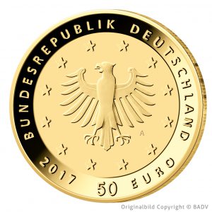 Wertseite der Münze BRD 50 Euro-Gold 2017 "Lutherrose", Münzbild ©BADV