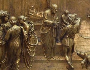 Detail des Reliefs "Esau und Jakob" von Lorenzo Ghiberti auf dem Paradiestor der Kathedrale Santa Maria del Fiore, Florenz