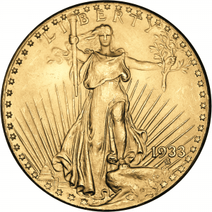 Lady Liberty Seite der Neuprägung des USA Double Eagle 1933. Goldausgabe mit Motiv „USA Double Eagle 1933“, Ø 26mm, Au 333, 1/10 Unze (3,11g), PP