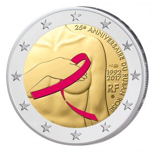 Offizielle Farbvariante der Münze Frankreich 2 Euro-Gedenkmünze 2017 „25 Jahre Rosa Schleife / Brustkrebsforschung – Le Ruban Rose / Contre Cancer du sein“ (Stempelglanz, Polierte Platte)