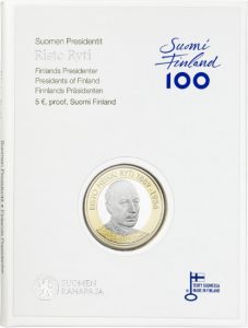 Verpackung_Presidents of Finland Risto Ryti, proof. 5 Euro Münzen zum Jubiläum der Unabhängigkeit
