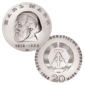 DDR 20 Mark 1968 150. Geburtstag von Karl Marx, 800er Silber, 20.9g, Ø 33mm, Prägestätte A (Berlin), Auflage: 76.538, Jaeger-Nr. 1521