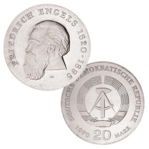 DDR 20 Mark 1970 150. Geburtstag Friedrich Engels, 625er Silber, 20.9g, Ø 33mm, Prägestätte A (Berlin), Auflage: 83.615, Jaeger-Nr. 1529