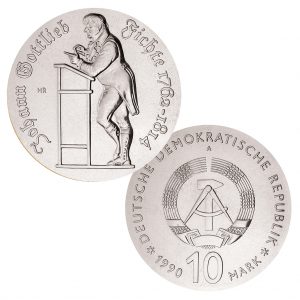 DDR 10 Mark 1990 175. Todestag von Johann Gottlieb Fichte, 500er Silber, 17g, Ø 31mm, Prägestätte A (Berlin), Auflage: 40.564 (PP: 4.200), Jaeger-Nr. 1636