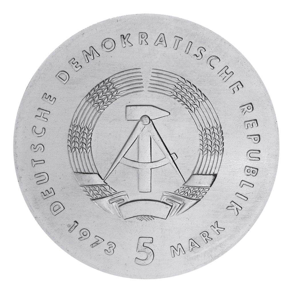 Wertseite der Münze 5 Mark Deutsche demokratische Republik 1973 125. Geburtstag Otto Lilienthal