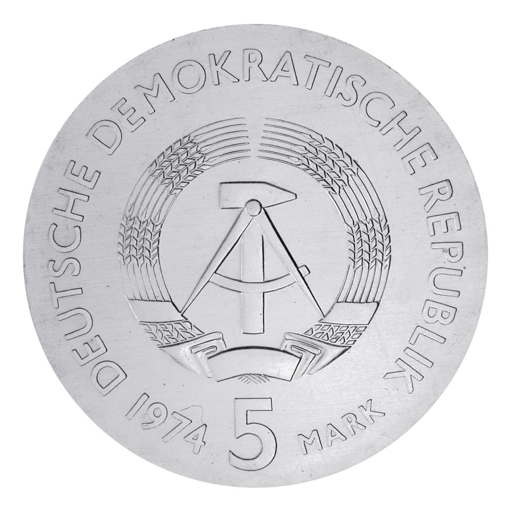 Wertseite der Münze 5 Mark Deutsche demokratische Republik 1974 100. Todestag von Philipp Reis