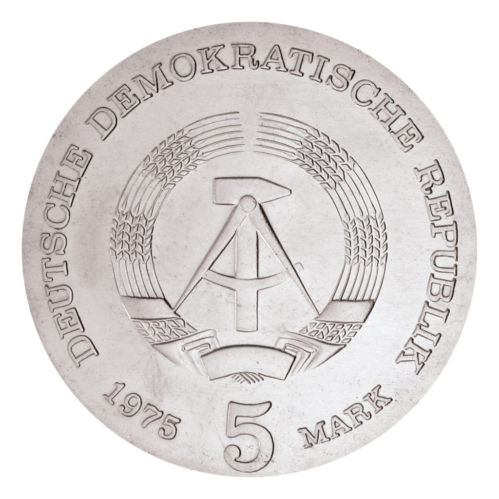 Wertseite der Münze 5 Mark Deutsche demokratische Republik 1975 100. Geburtstag Thomas Mann