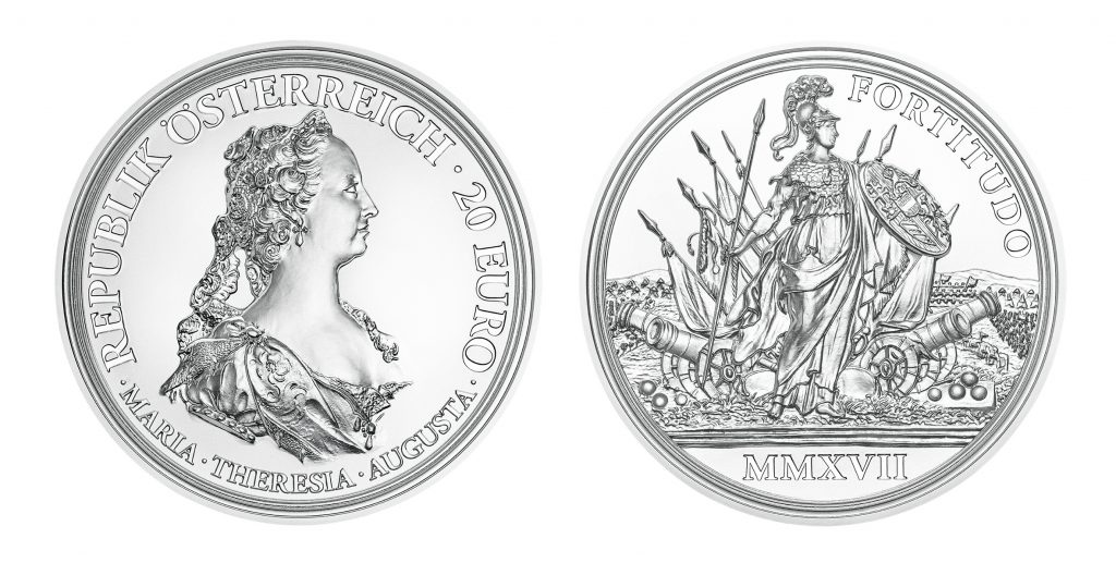 Österreich 20 Euro 2017 „Maria Theresia – Schätze der Geschichte. Tapferkeit und Entschlossenheit“, 925er Silber, Ø 34,00 mm, im Etui, OO, Auflage: 30.000