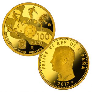 Spanien 100 Euro 2017 „WM 2018 – Russland“, 999er Gold, 6,75g, Ø 23mm, PP, Auflage: 3.000