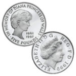 Großbritannien 5 Pfund 1999 “In memory of Diana, Princess of Wales”, CuNi, 38,61mm, 28,28g (motivgleich wurde eine Goldmünze geprägt, Auflage 7.500, über 1 Unze 916er Gold)