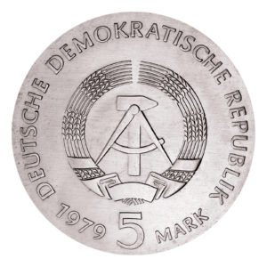 Wertseite der Münze 5 Mark 1979 Deutsche demokratische Republik 100. Geburtstag Albert Einstein
