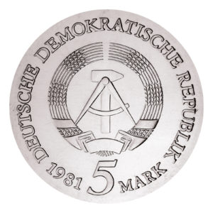 Wertseite der Münze 5 Mark 1981 Deutsche demokratische Republik 450. Todestag Tilman Riemenschneider