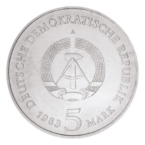 Wertseite der Münze 5 Mark Deutsche Demokratische Republik 1983 Schlosskirche zu Wittenberg