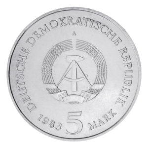 Wertseite der Münze 5 Mark Deutsche Demokratische Republik 1983 Luthers Geburtshaus in Eisleben