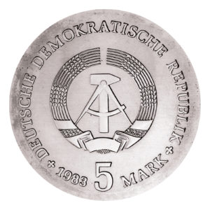Wertseite der Münze 5 Mark Deutsche Demokratische Republik 1983, 125. Geburtstag Max Planck