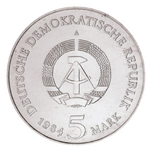 Wertseite der Münze 5 Mark 1984 Deutsche demokratische Republik Altes Rathaus Leipzig
