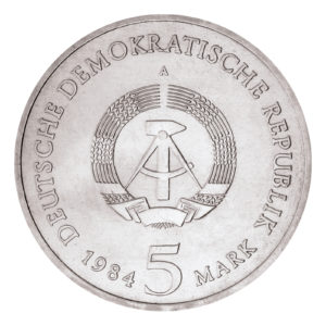 Wertseite der Münze 5 Mark 1984 Deutsche demokratische Republik Thomaskirche Leipzig