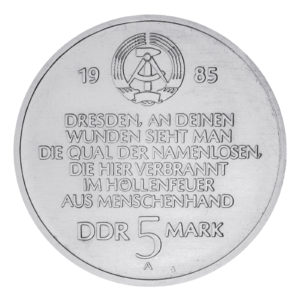 Wertseite der Münze 5 Mark 1985 Deutsche demokratische Republik 40. Jahrestag Zerstörung Dresden
