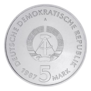 Wertseite der Münze 5 Mark 1987 Deutsche demokratische Republik Alexanderplatz in Berlin